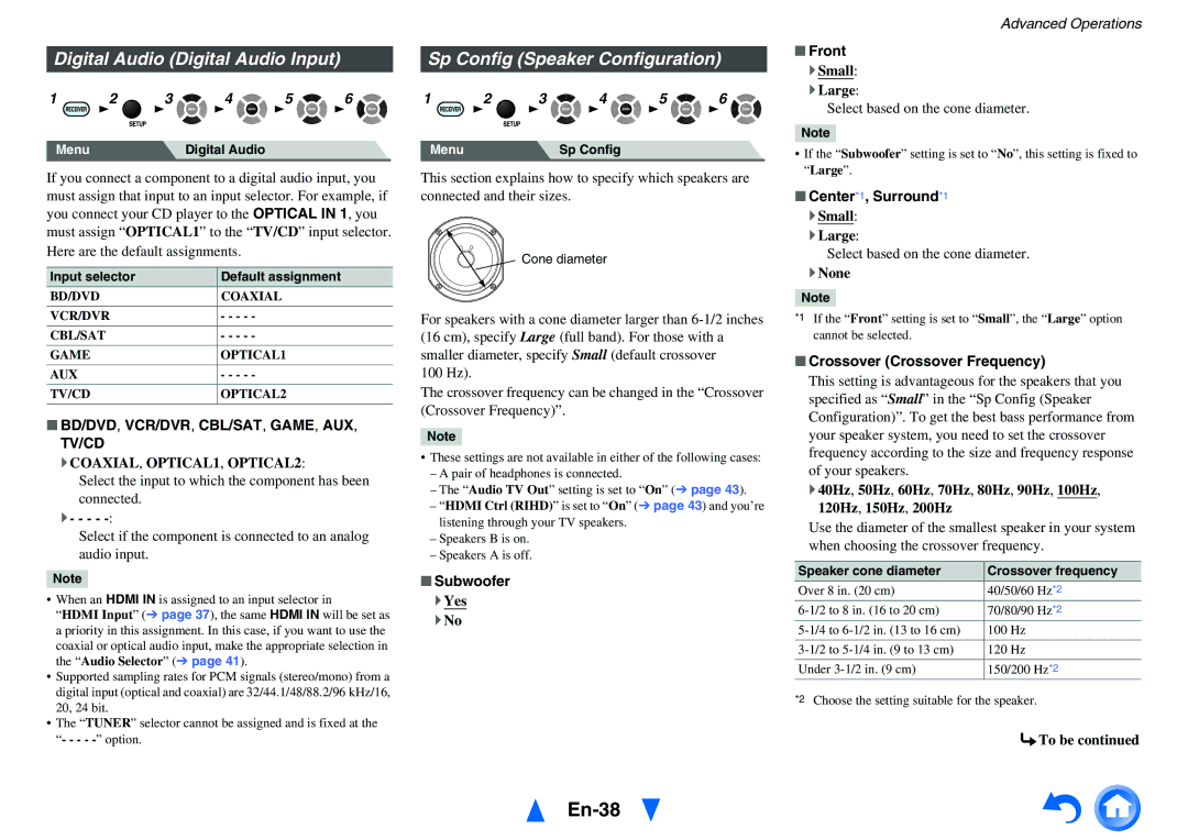 Onkyo HT-RC430 instruction manual En-38, Front, Center*1, Surround*1, Crossover Crossover Frequency 