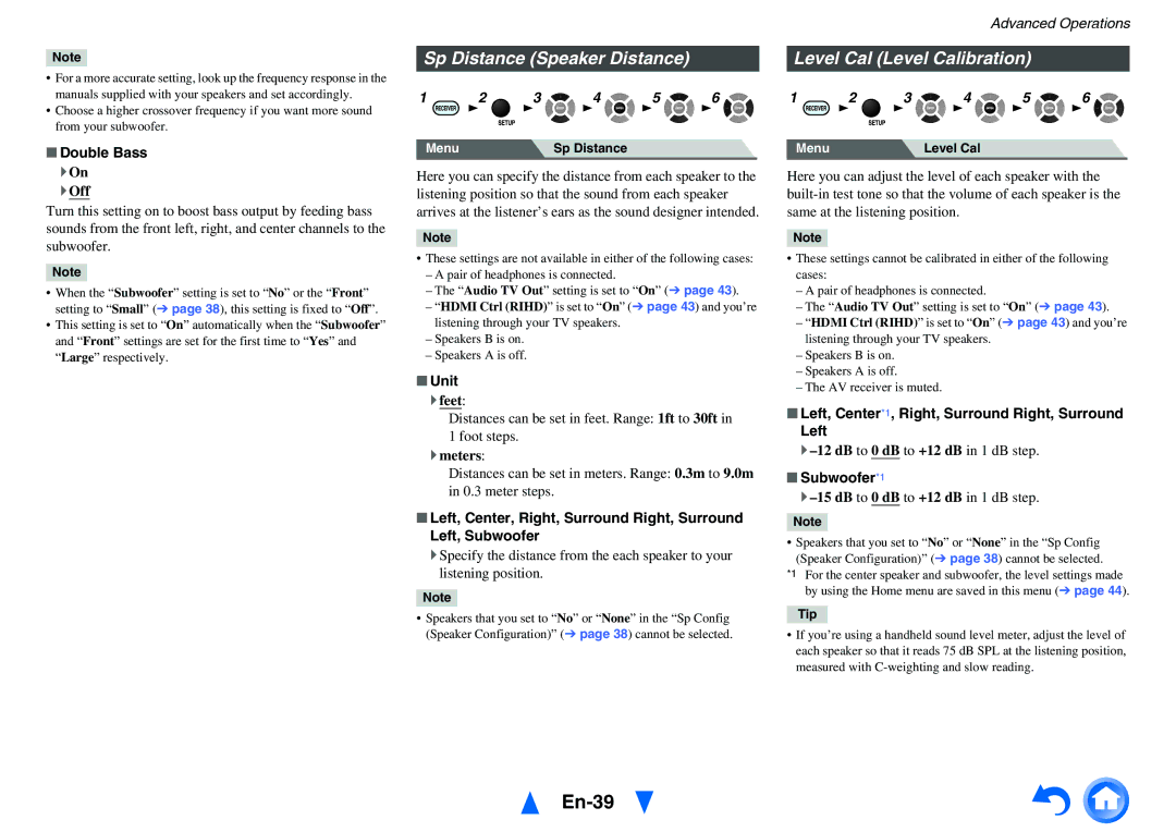 Onkyo HT-RC430 instruction manual En-39, Sp Distance Speaker Distance Level Cal Level Calibration 