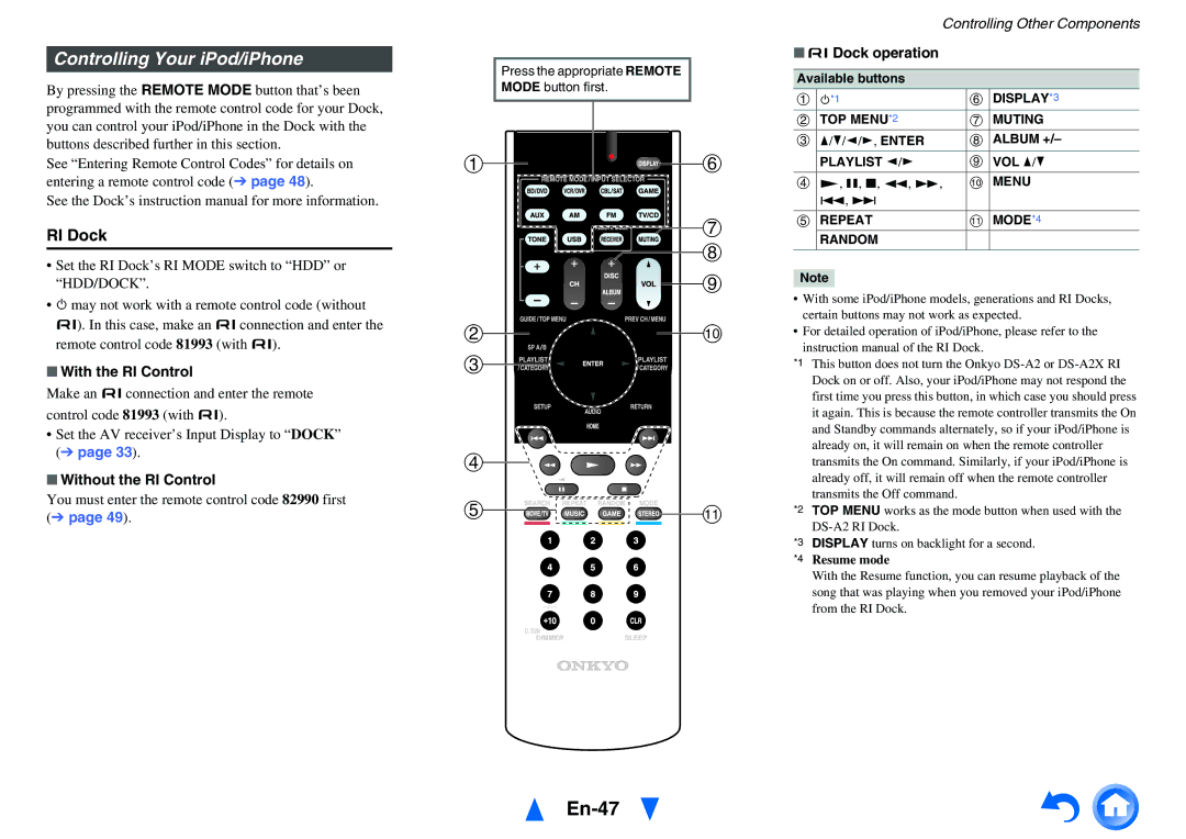 Onkyo HT-RC430 En-47, Controlling Your iPod/iPhone, With the RI Control, Without the RI Control, UDock operation 