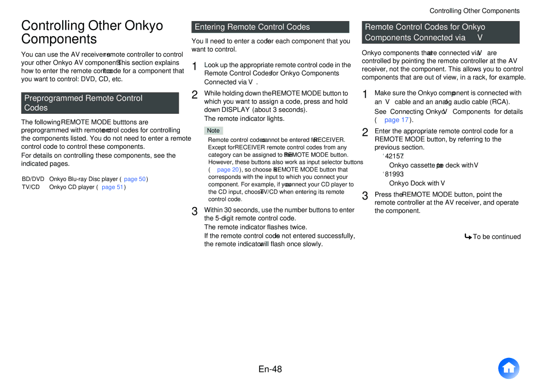 Onkyo HT-RC430 instruction manual Controlling Other Onkyo Components, En-48, Preprogrammed Remote Control Codes 