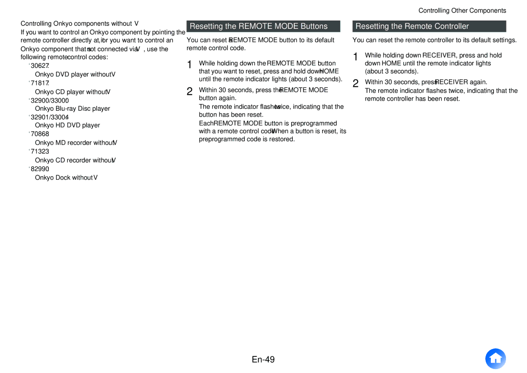 Onkyo HT-RC430 instruction manual En-49, Resetting the Remote Mode Buttons, Resetting the Remote Controller 