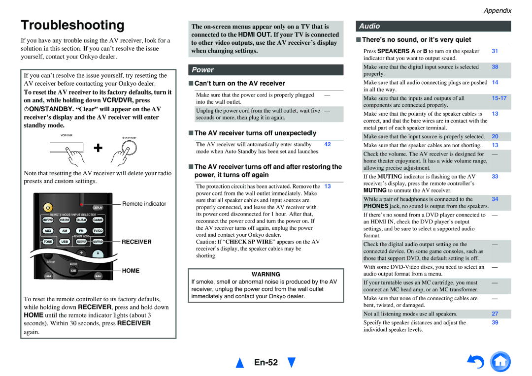 Onkyo HT-RC430 instruction manual Troubleshooting, En-52, Can’t turn on the AV receiver, AV receiver turns off unexpectedly 