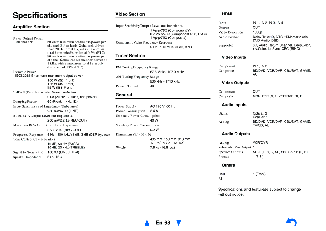 Onkyo HT-RC430 instruction manual Specifications, En-63 