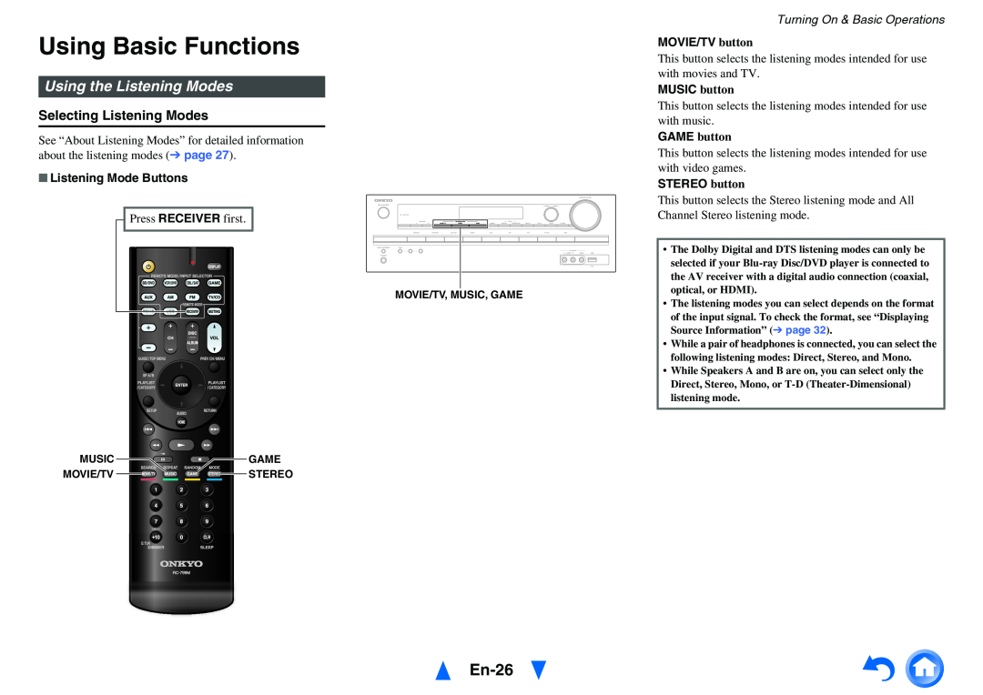 Onkyo HT-RC430 Using Basic Functions, En-26, Using the Listening Modes, Selecting Listening Modes, Listening Mode Buttons 