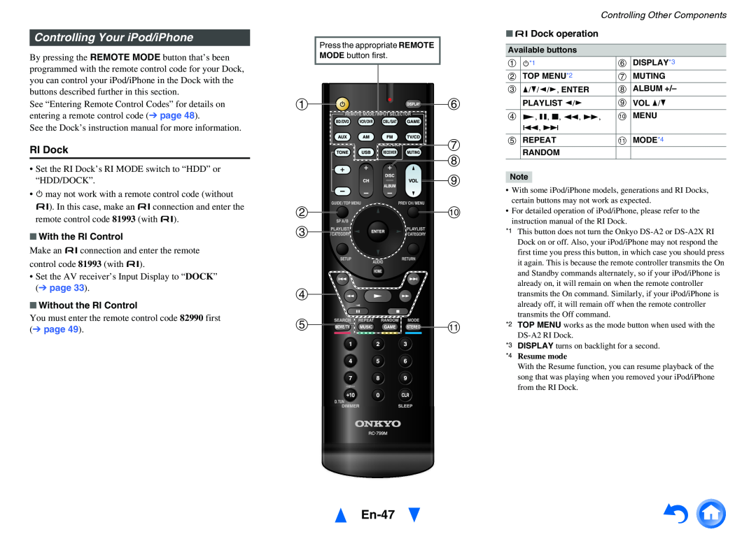 Onkyo HT-RC430 d ek, En-47, Controlling Your iPod/iPhone, RI Dock, With the RI Control, Without the RI Control 