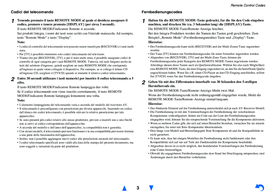 Onkyo HT-RC440 instruction manual Codici del telecomando, Fernbedienungscodes, Hinweise 