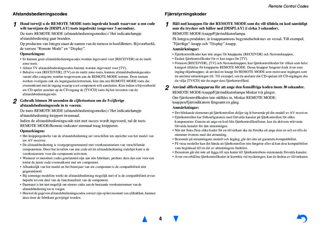 Onkyo HT-RC440 instruction manual Afstandsbedieningscodes, Fjärrstyrningskoder, Opmerkingen, Anmärkningar 