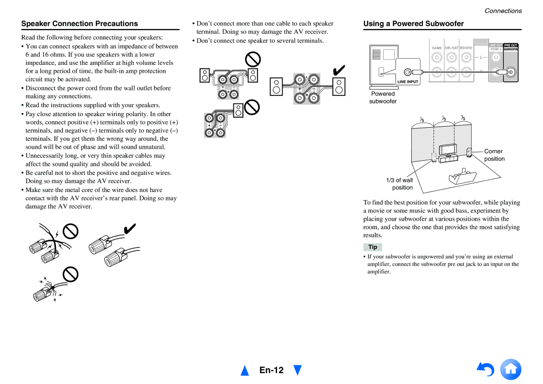 Onkyo HT-RC440 instruction manual En-12, Speaker Connection Precautions, Using a Powered Subwoofer, Tip 