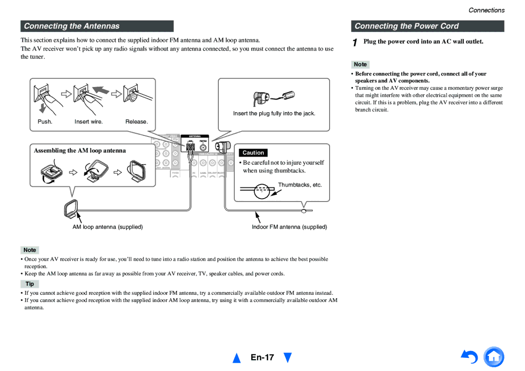 Onkyo HT-RC440 En-17, Connecting the Antennas, Connecting the Power Cord, Plug the power cord into an AC wall outlet 