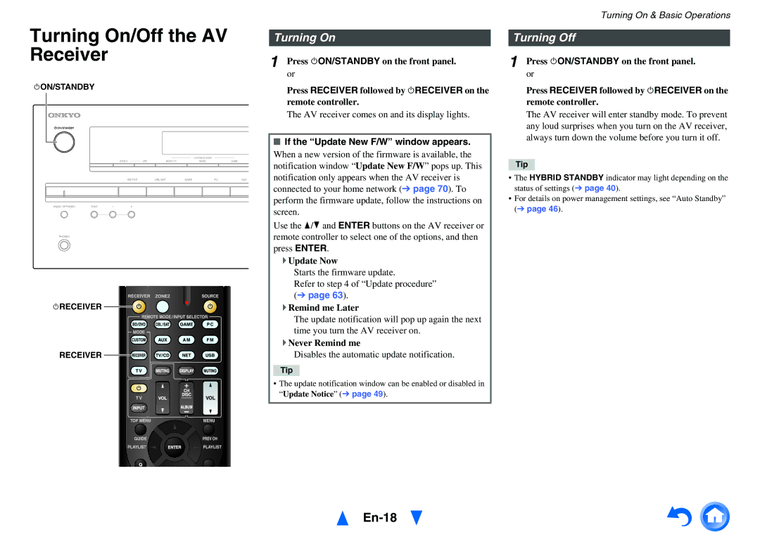 Onkyo HT-RC440 instruction manual Turning On/Off the AV Receiver, En-18, Turning Off, If the Update New F/W window appears 