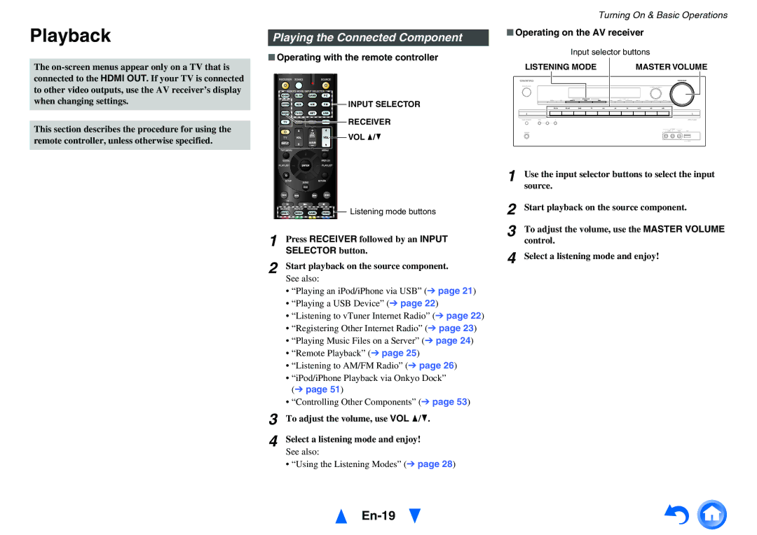 Onkyo HT-RC440 instruction manual Playback, En-19, Playing the Connected Component, Operating on the AV receiver 