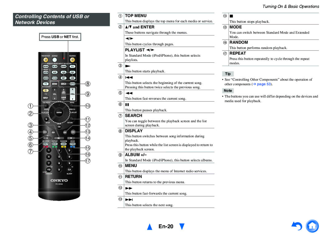 Onkyo HT-RC440 instruction manual En-20, Controlling Contents of USB or Network Devices 