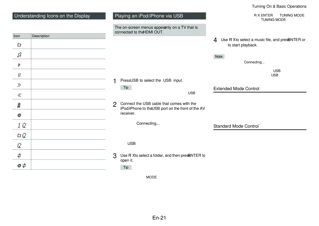 Onkyo HT-RC440 En-21, Understanding Icons on the Display, Playing an iPod/iPhone via USB, Extended Mode Control 