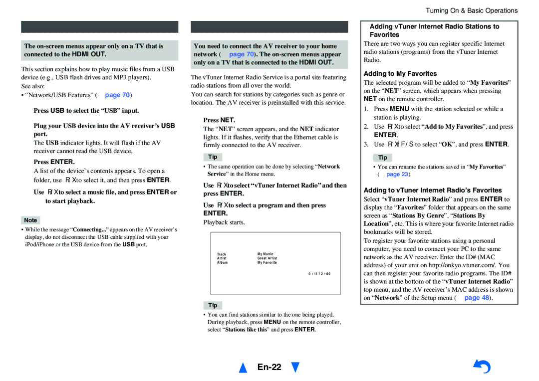 Onkyo HT-RC440 instruction manual En-22, Playing a USB Device, Listening to vTuner Internet Radio 