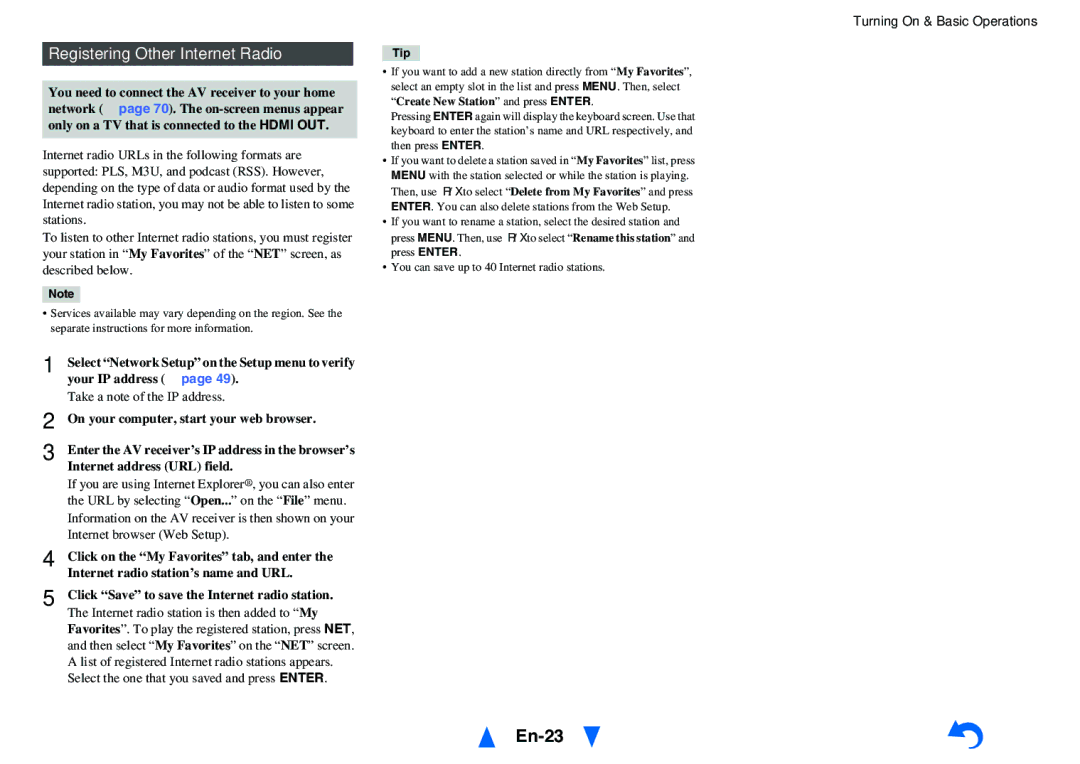 Onkyo HT-RC440 instruction manual En-23, Registering Other Internet Radio, Take a note of the IP address 