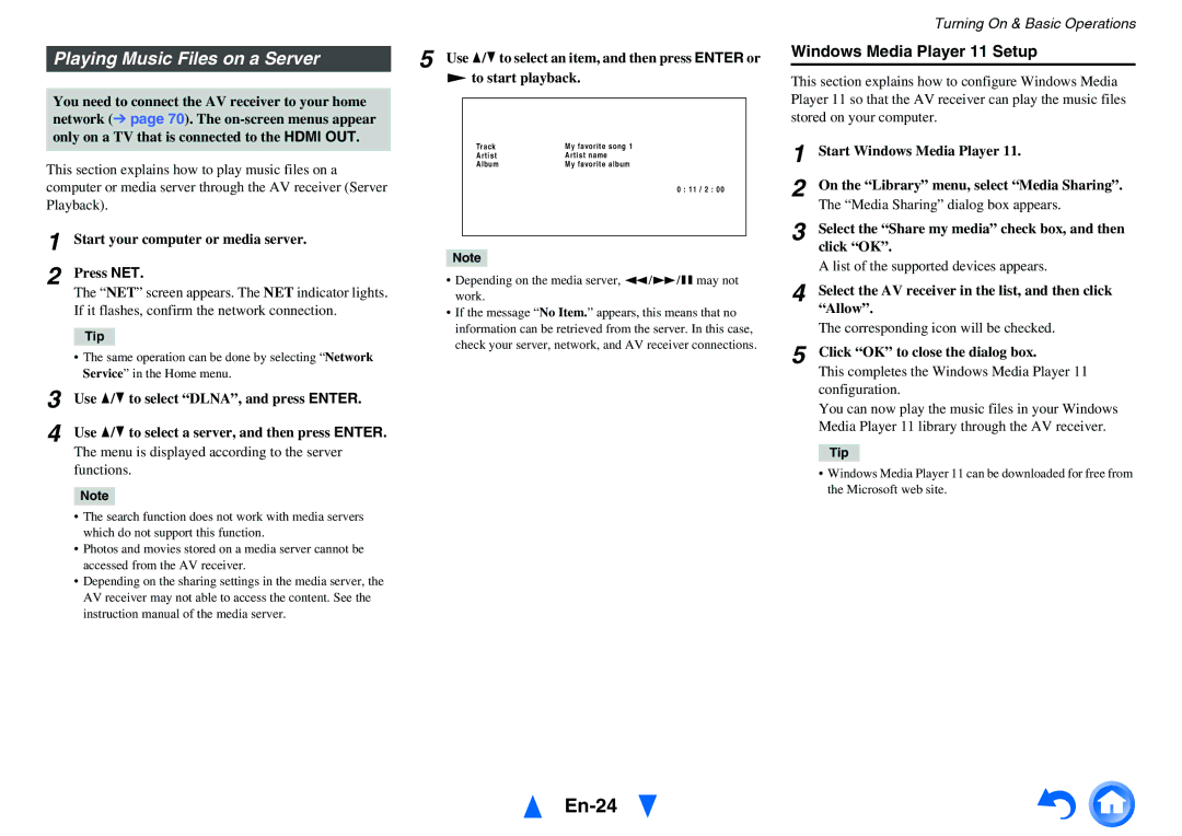 Onkyo HT-RC440 instruction manual En-24, Playing Music Files on a Server, Windows Media Player 11 Setup 