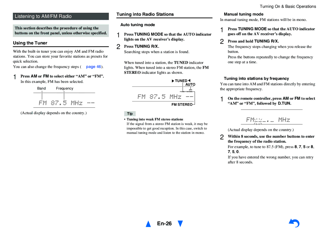 Onkyo HT-RC440 instruction manual En-26, Listening to AM/FM Radio, Using the Tuner, Tuning into Radio Stations 