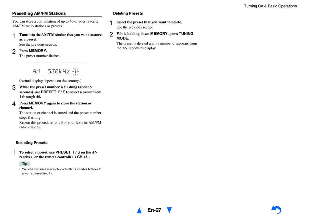 Onkyo HT-RC440 instruction manual En-27, Presetting AM/FM Stations, Selecting Presets, Deleting Presets 