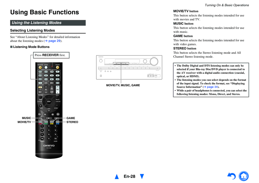 Onkyo HT-RC440 instruction manual Using Basic Functions, En-28, Using the Listening Modes, Selecting Listening Modes 