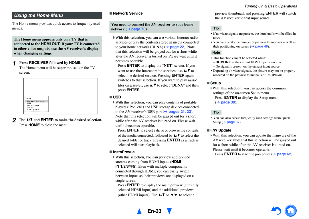 Onkyo HT-RC440 instruction manual En-33, Using the Home Menu 