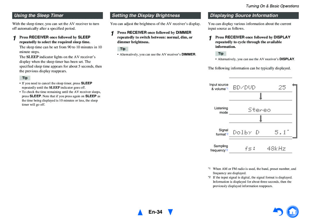 Onkyo HT-RC440 En-34, Using the Sleep Timer, Setting the Display Brightness, Displaying Source Information 