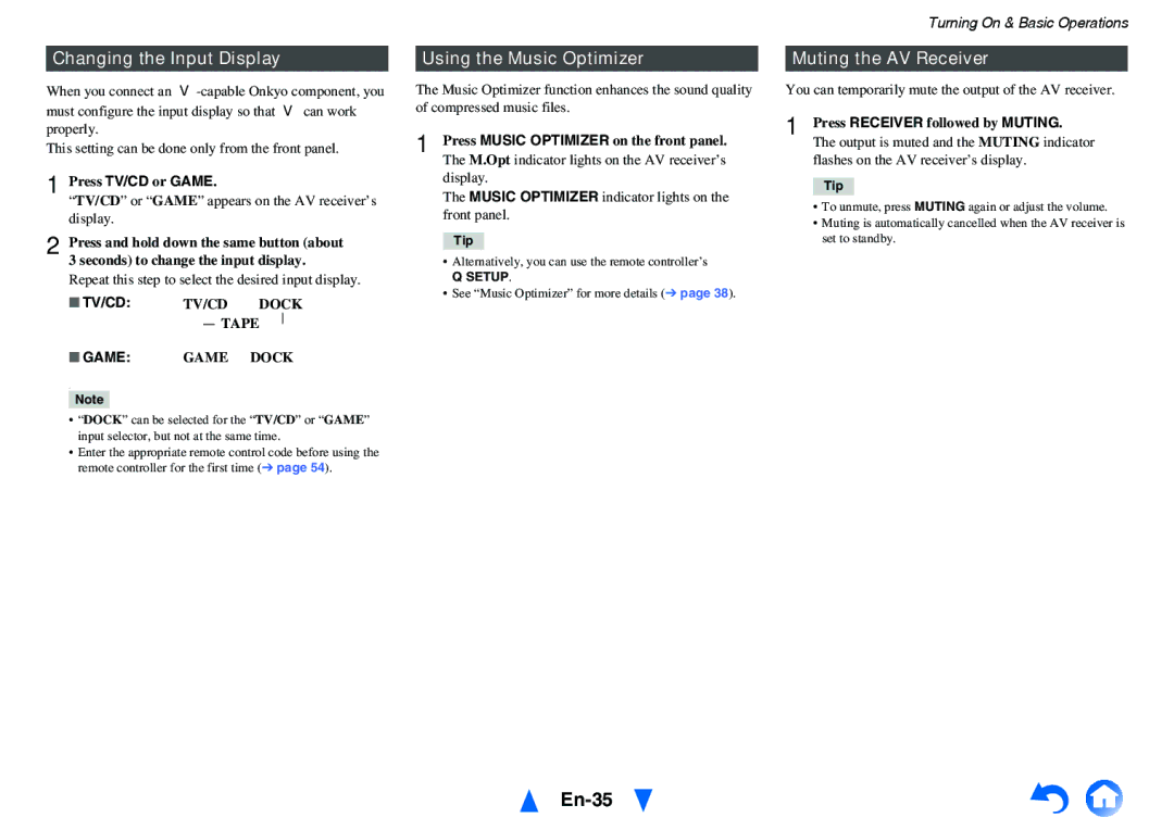 Onkyo HT-RC440 instruction manual En-35, Changing the Input Display, Using the Music Optimizer, Muting the AV Receiver 