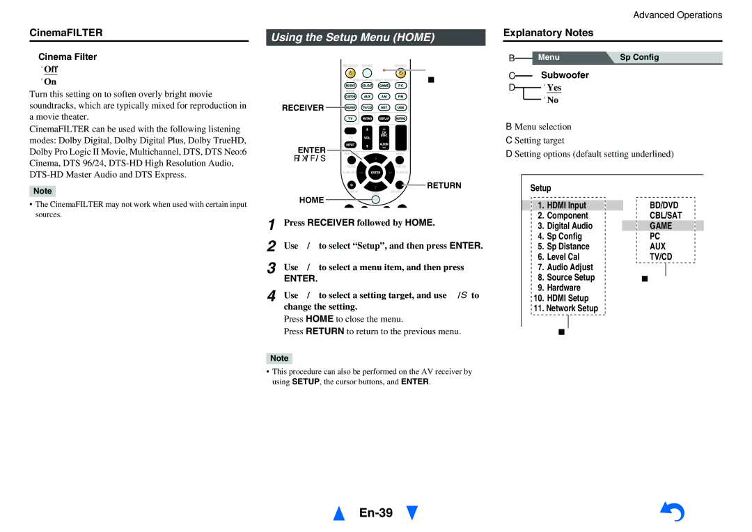 Onkyo HT-RC440 instruction manual En-39, Using the Setup Menu Home, CinemaFILTER, Cinema Filter, Subwoofer 