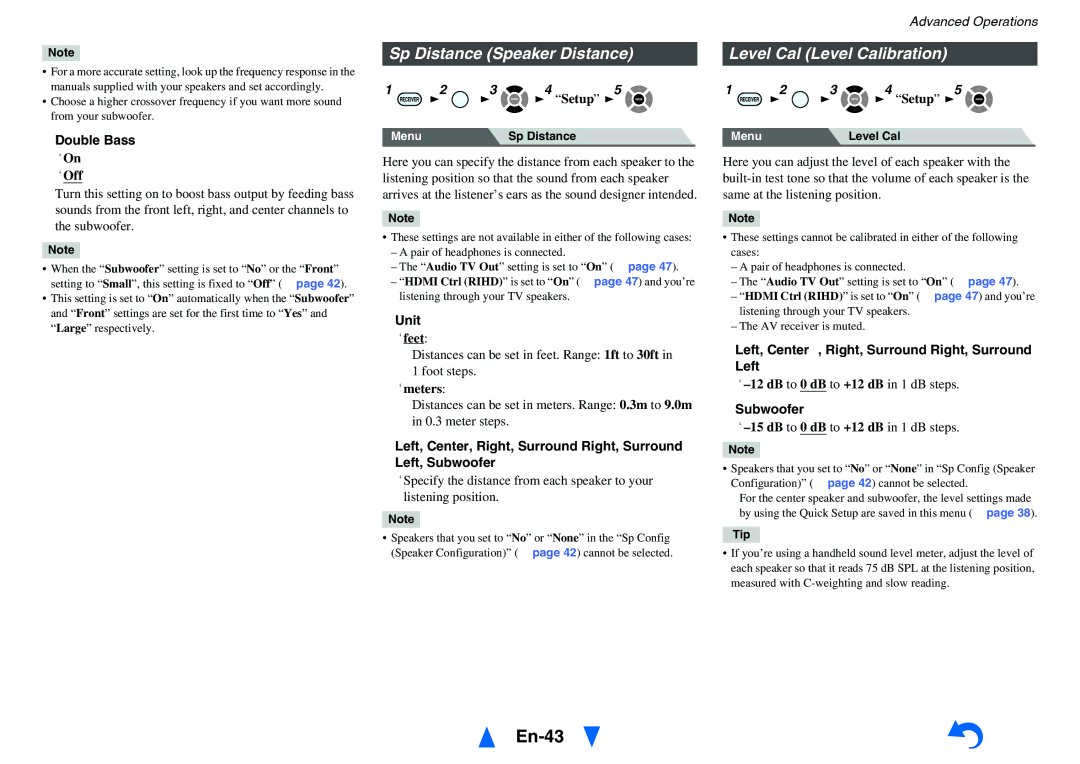 Onkyo HT-RC440 instruction manual En-43, Sp Distance Speaker Distance, Level Cal Level Calibration 
