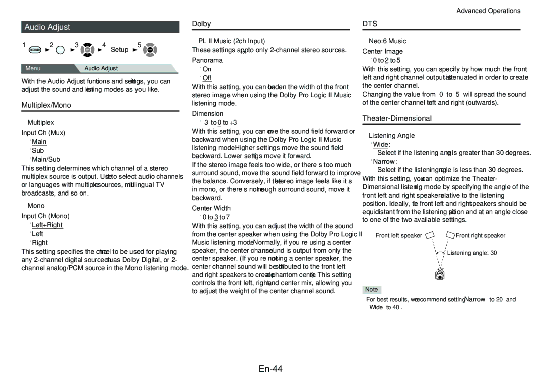 Onkyo HT-RC440 instruction manual En-44, Audio Adjust, Multiplex/Mono, Dolby, Theater-Dimensional 