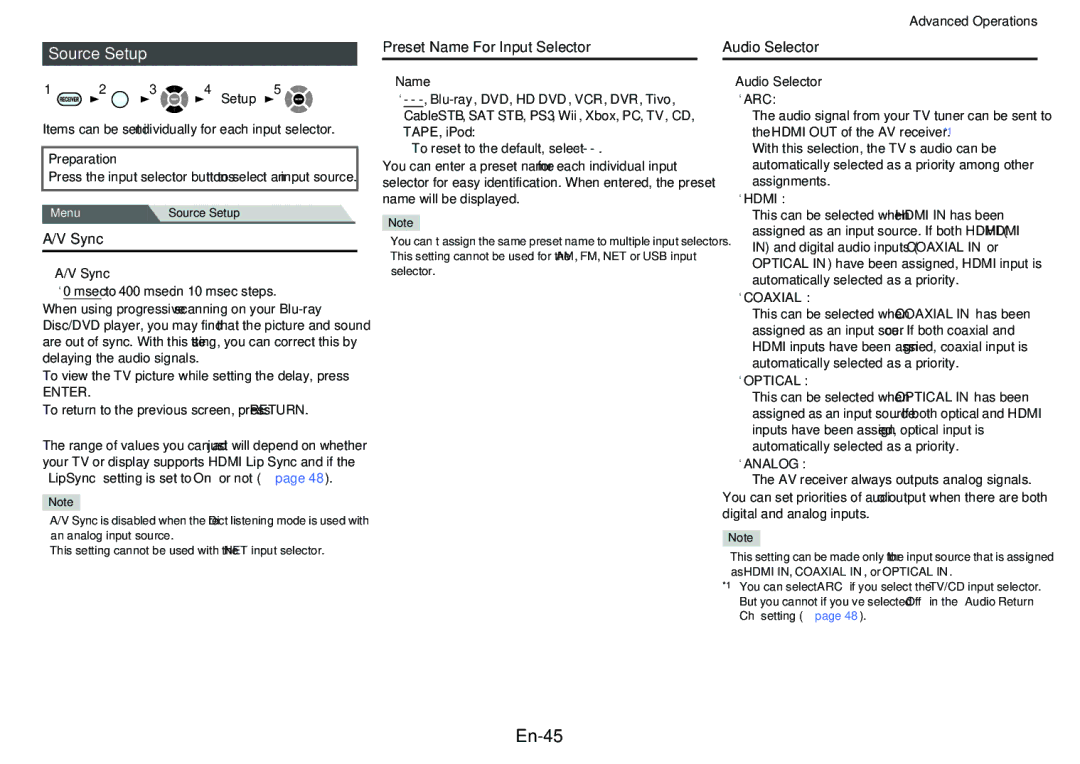 Onkyo HT-RC440 instruction manual En-45, Source Setup, Preset Name For Input Selector, Audio Selector, Sync 