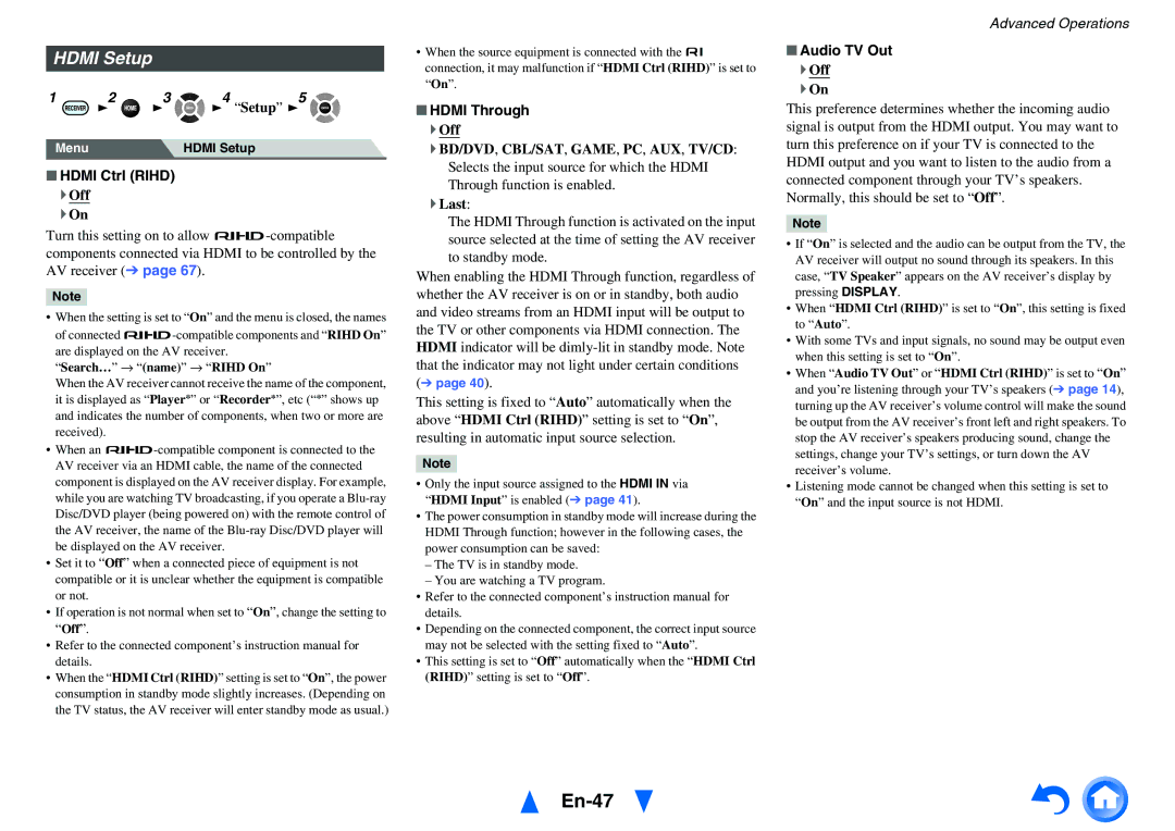 Onkyo HT-RC440 instruction manual En-47, Hdmi Setup, Hdmi Ctrl Rihd, Hdmi Through, Audio TV Out 