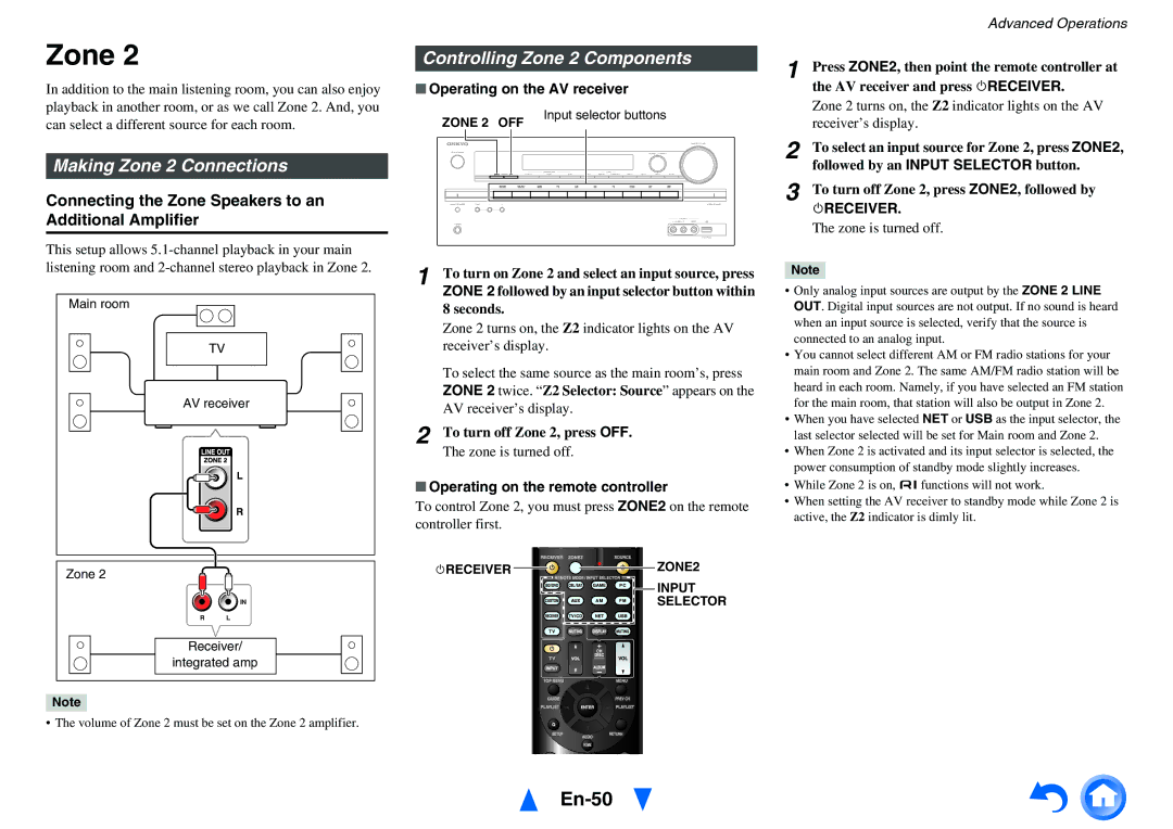 Onkyo HT-RC440 instruction manual En-50, Controlling Zone 2 Components, Making Zone 2 Connections 