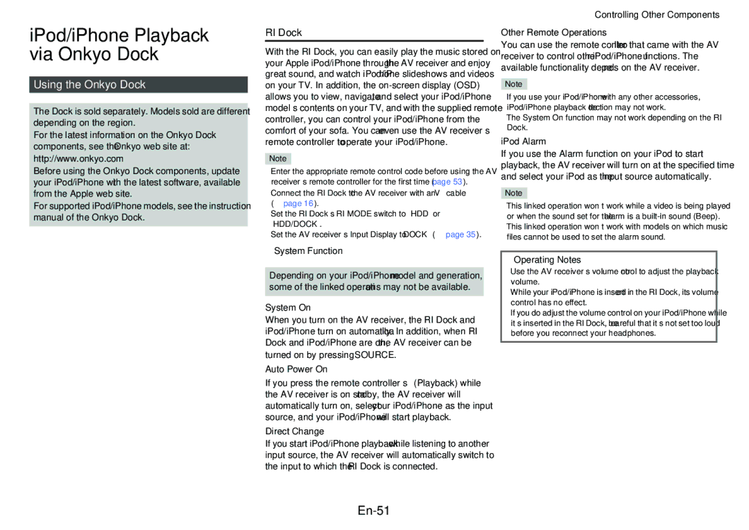 Onkyo HT-RC440 instruction manual IPod/iPhone Playback via Onkyo Dock, En-51, Using the Onkyo Dock, RI Dock 