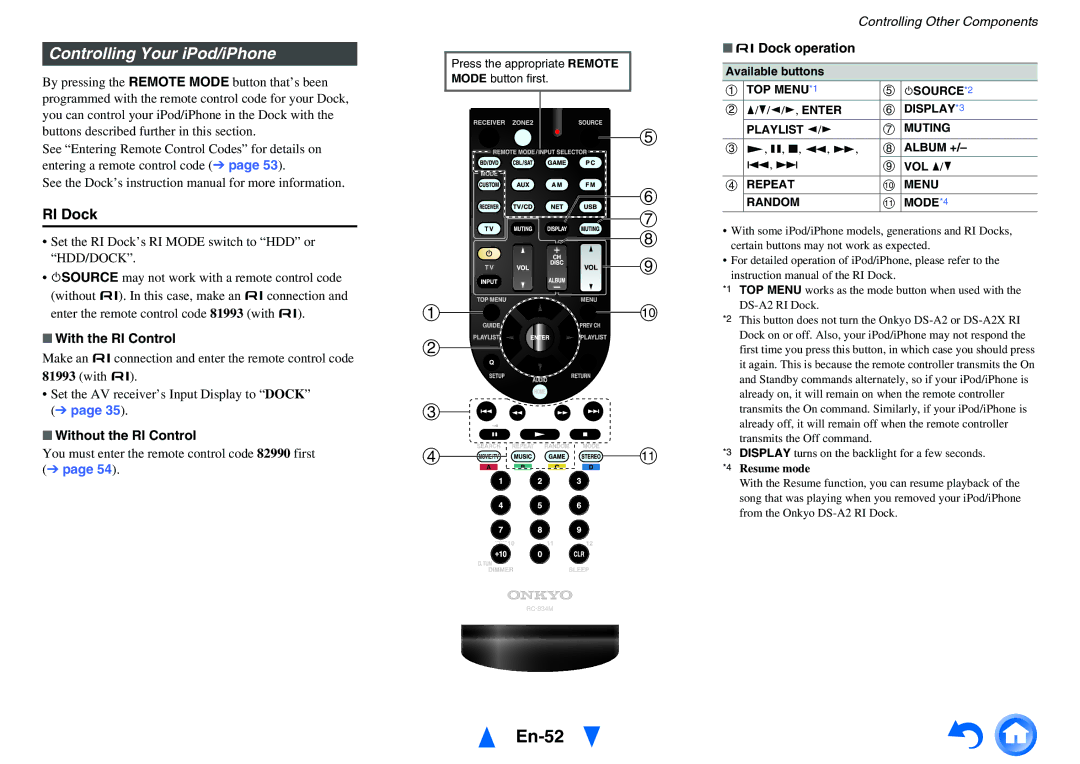 Onkyo HT-RC440 En-52, Controlling Your iPod/iPhone, With the RI Control, Without the RI Control, UDock operation 