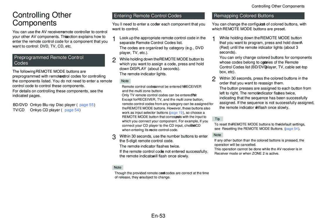 Onkyo HT-RC440 Controlling Other Components, En-53, Preprogrammed Remote Control Codes, Entering Remote Control Codes 