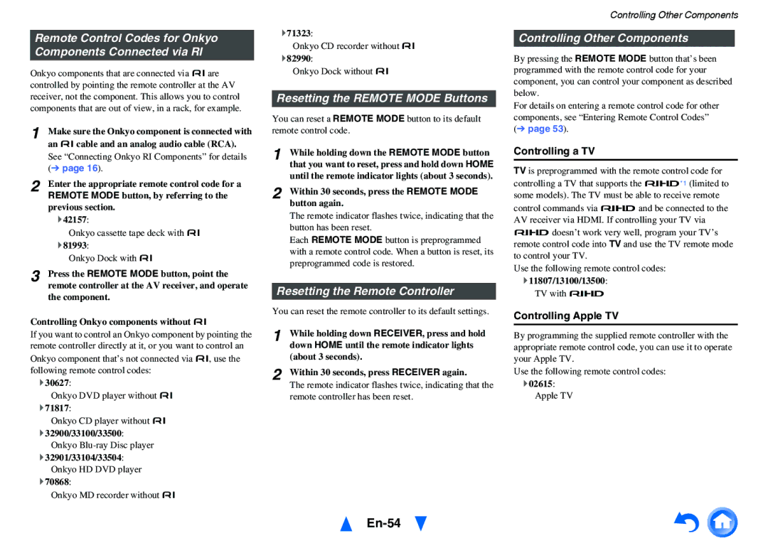 Onkyo HT-RC440 En-54, Remote Control Codes for Onkyo Components Connected via RI, Resetting the Remote Mode Buttons 