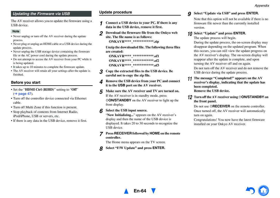 Onkyo HT-RC440 instruction manual En-64, Updating the Firmware via USB 