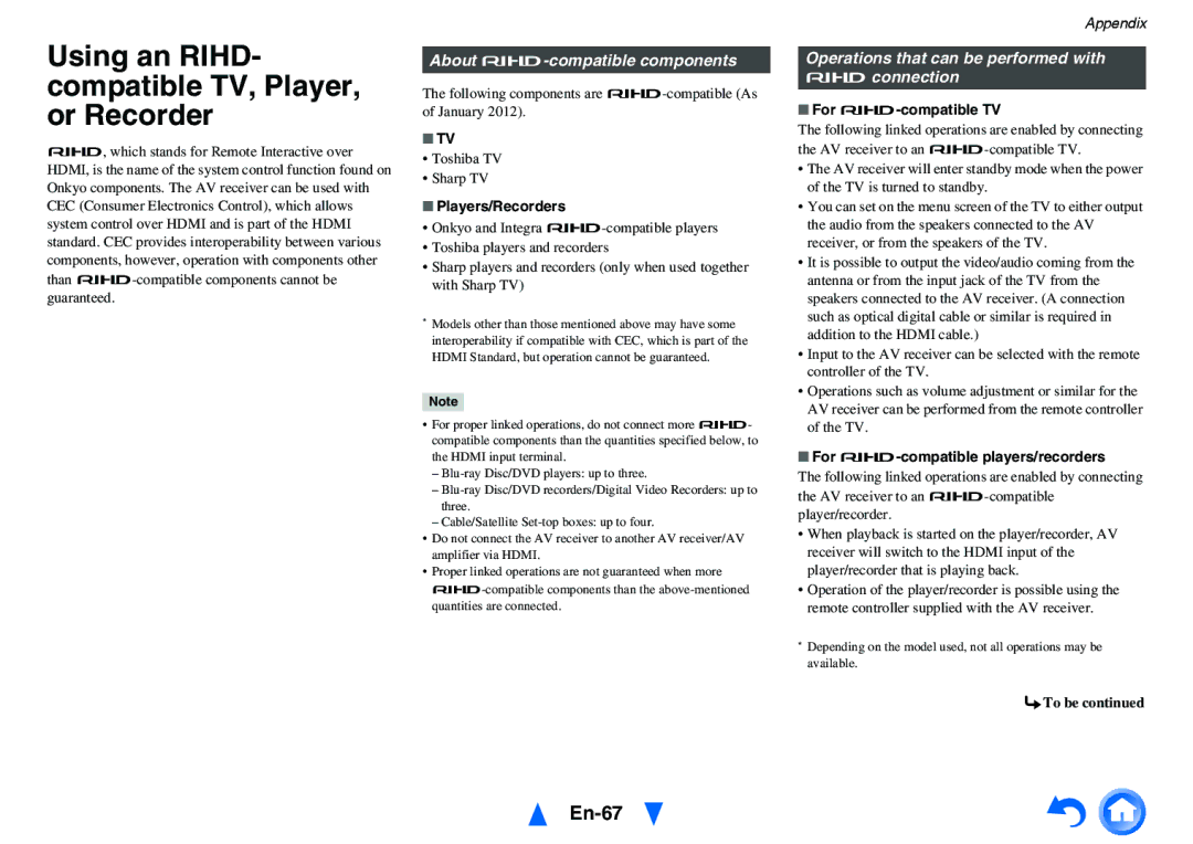 Onkyo HT-RC440 instruction manual Using an RIHD- compatible TV, Player, or Recorder, En-67, About p-compatible components 