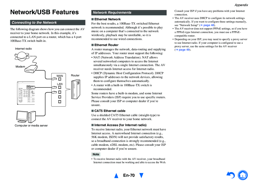 Onkyo HT-RC440 instruction manual Network/USB Features, En-70, Connecting to the Network, Network Requirements 