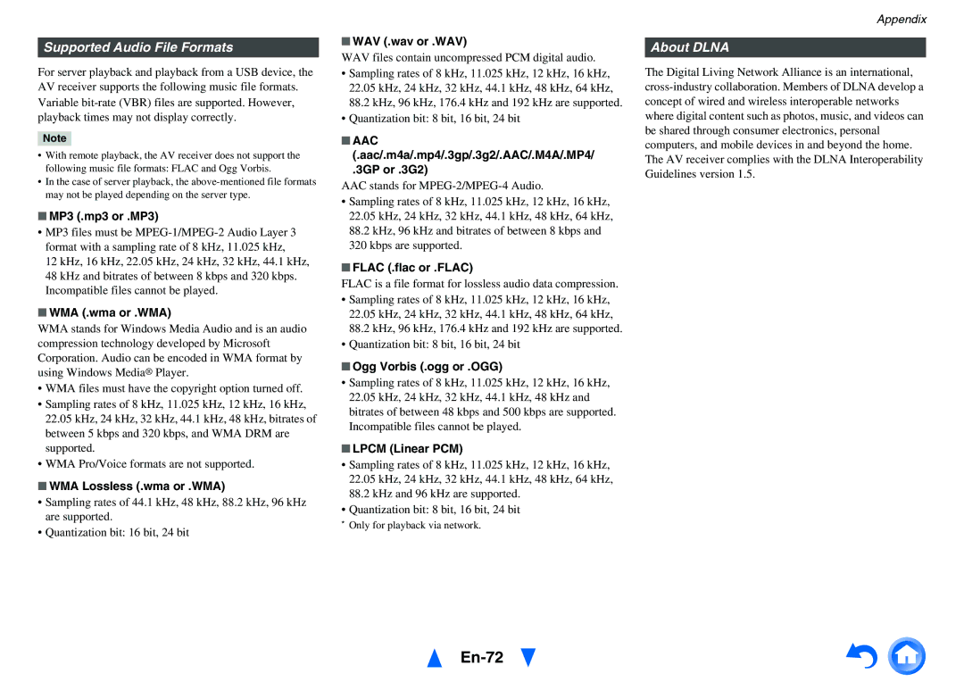 Onkyo HT-RC440 instruction manual En-72, Supported Audio File Formats, About Dlna 