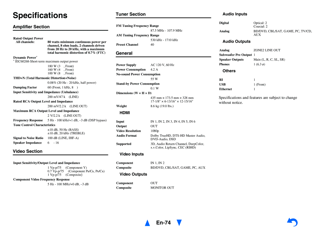 Onkyo HT-RC440 instruction manual Specifications, En-74 