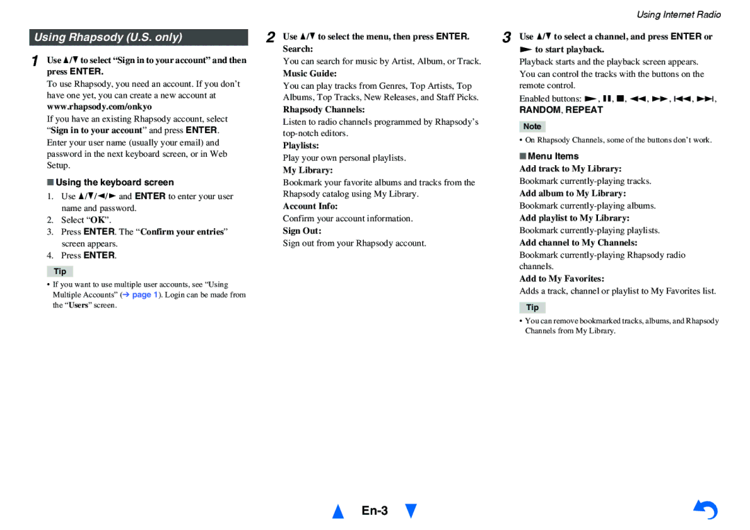 Onkyo HT-RC440 instruction manual Using Rhapsody U.S. only, Using the keyboard screen 