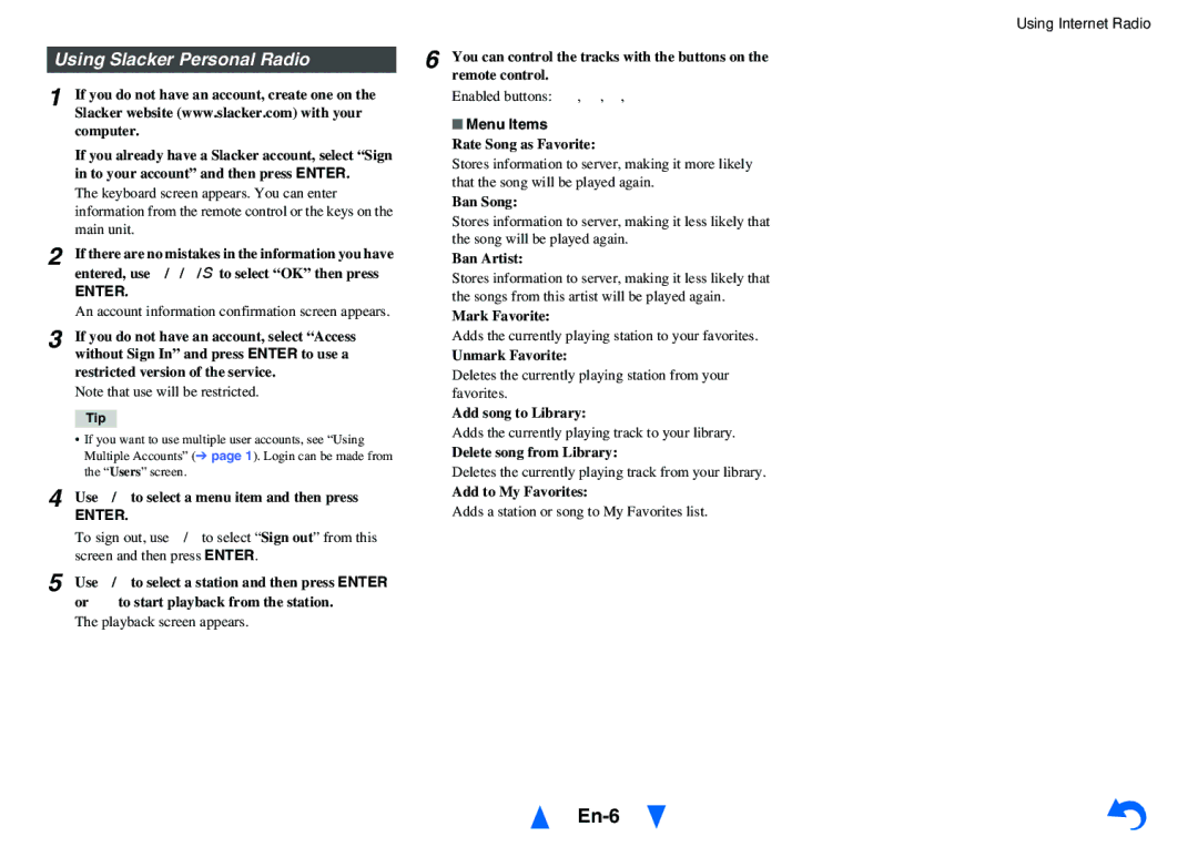 Onkyo HT-RC440 instruction manual Using Slacker Personal Radio 