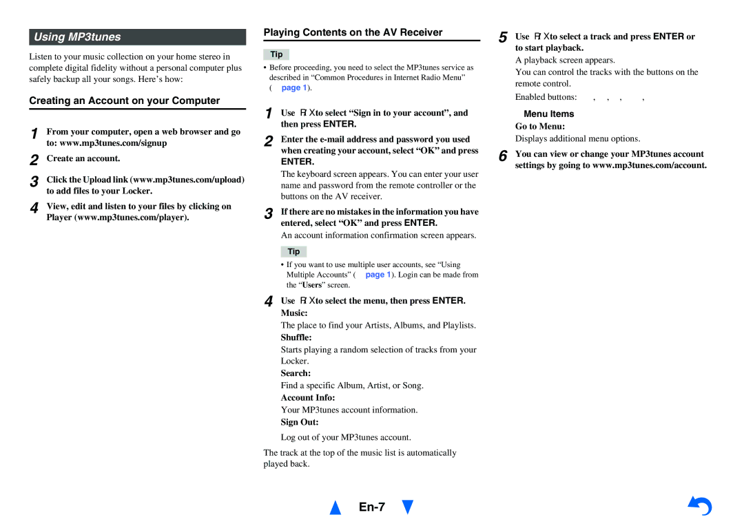 Onkyo HT-RC440 instruction manual Using MP3tunes, Creating an Account on your Computer, Playing Contents on the AV Receiver 