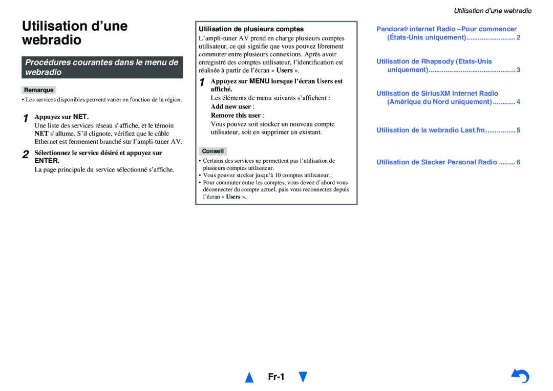 Onkyo HT-RC440 instruction manual Utilisation d’une webradio, Fr-1, Procédures courantes dans le menu de webradio 