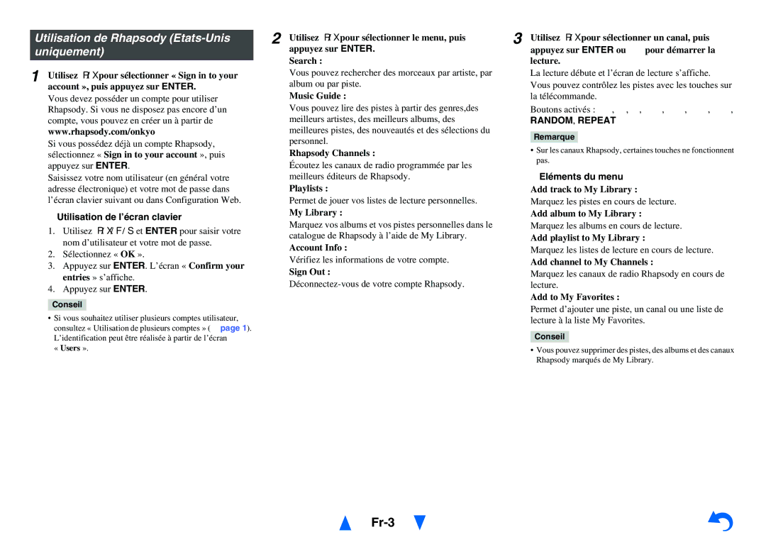 Onkyo HT-RC440 instruction manual Fr-3, Utilisation de Rhapsody Etats-Unis, Utilisation de l’écran clavier 