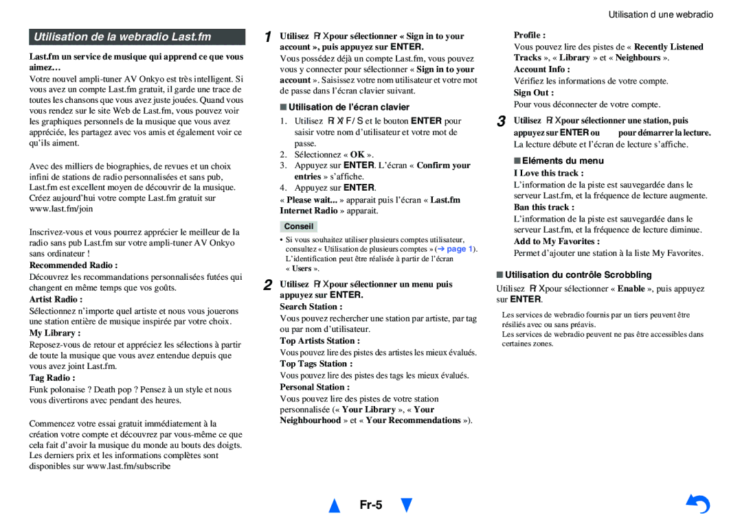 Onkyo HT-RC440 instruction manual Fr-5, Utilisation de la webradio Last.fm, Pour vous déconnecter de votre compte 