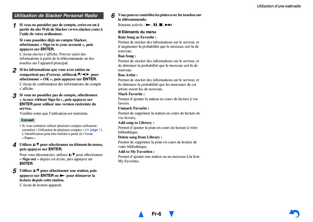 Onkyo HT-RC440 instruction manual Fr-6, Utilisation de Slacker Personal Radio, La télécommande 