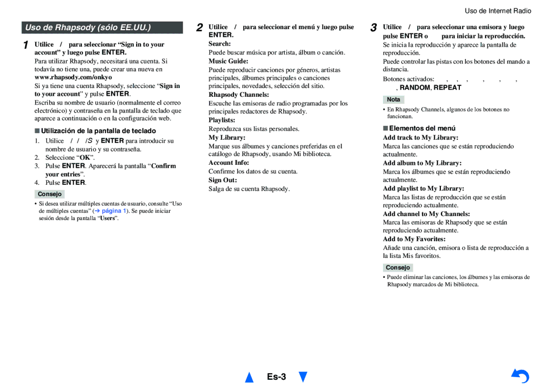 Onkyo HT-RC440 instruction manual Es-3, Uso de Rhapsody sólo EE.UU, Utilización de la pantalla de teclado 