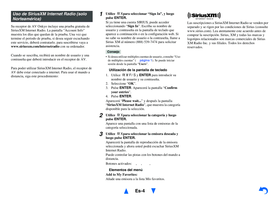 Onkyo HT-RC440 Es-4, Uso de SiriusXM Internet Radio solo Norteamérica, Añade una emisora a la lista Mis favoritos 